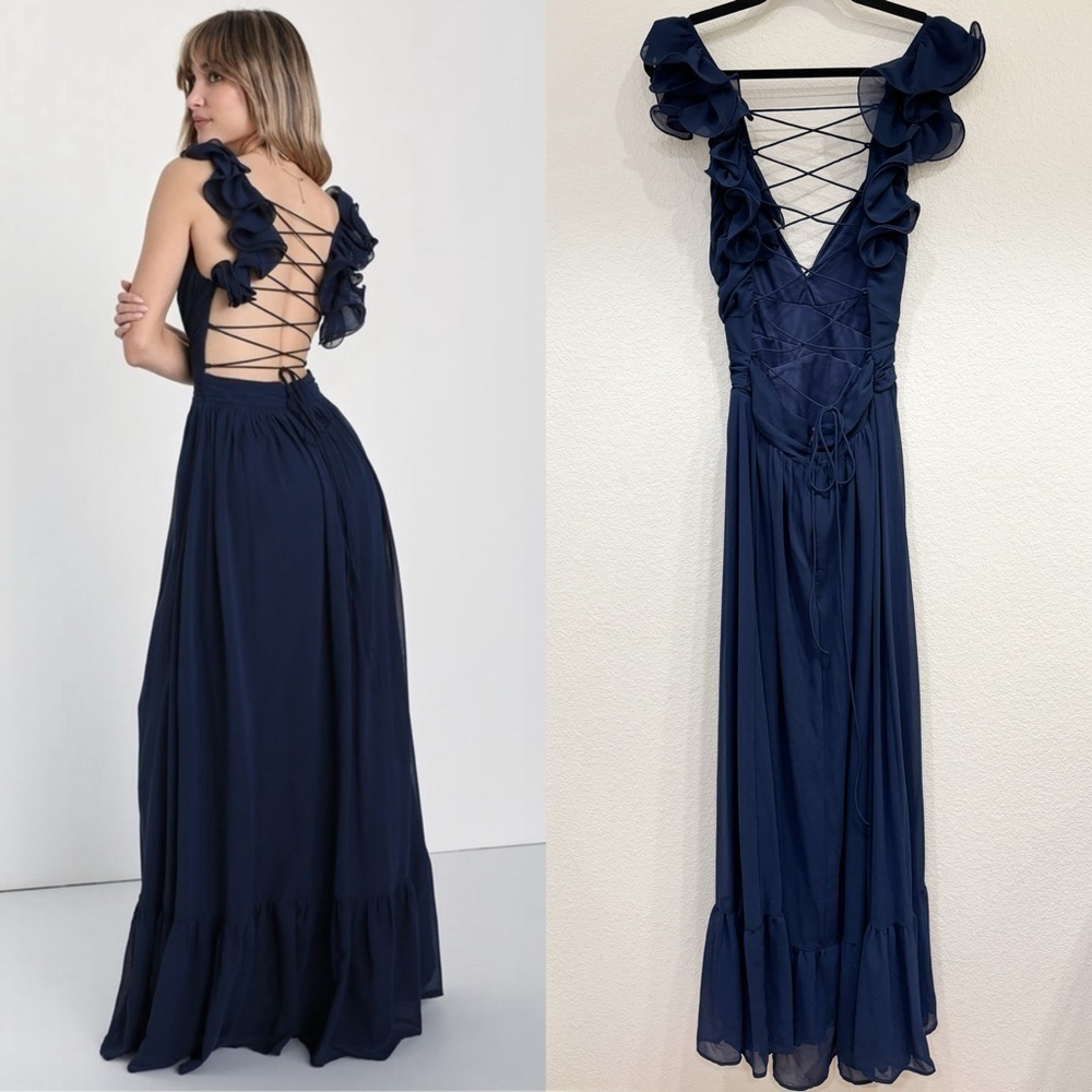 Size S - Lulus Soiree Celebration‎ Navy Blue Ruffled Lace-Up Maxi Dress - Picture 3 of 8